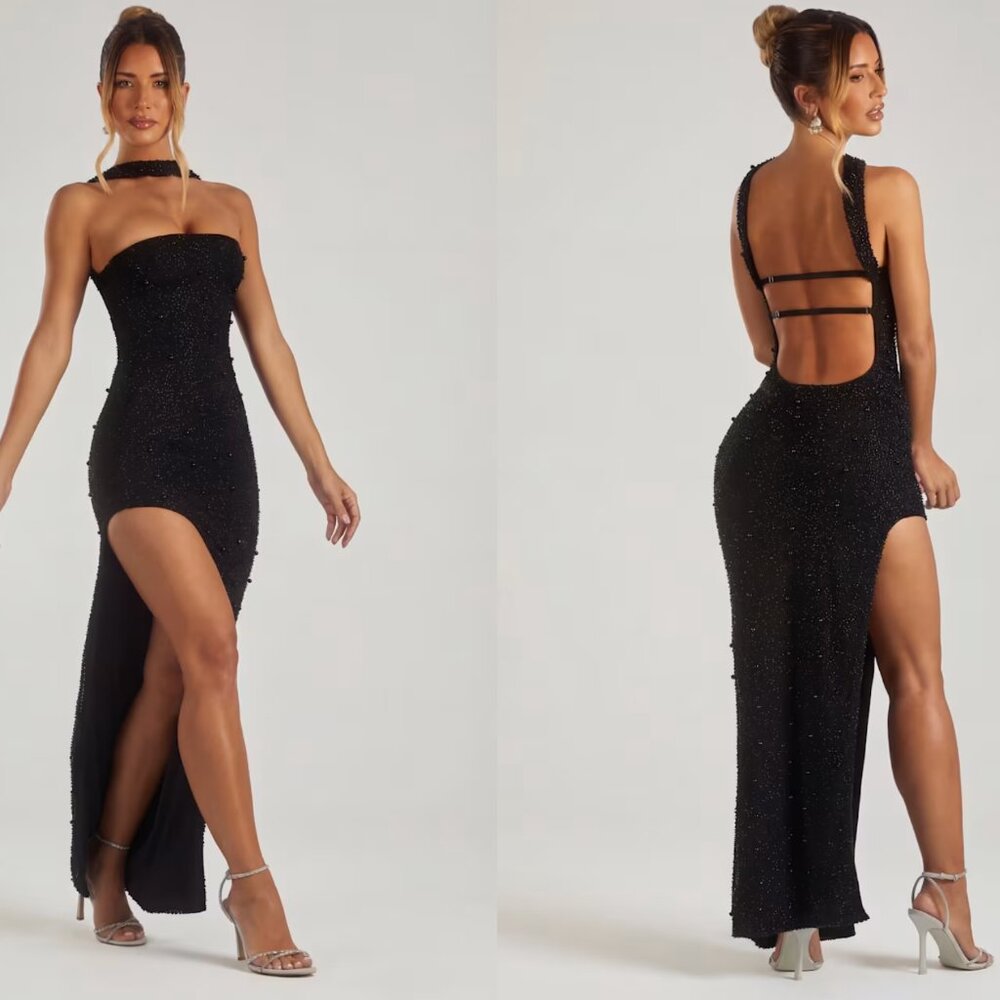 Embellished Bandeau Maxi Dress in Black
